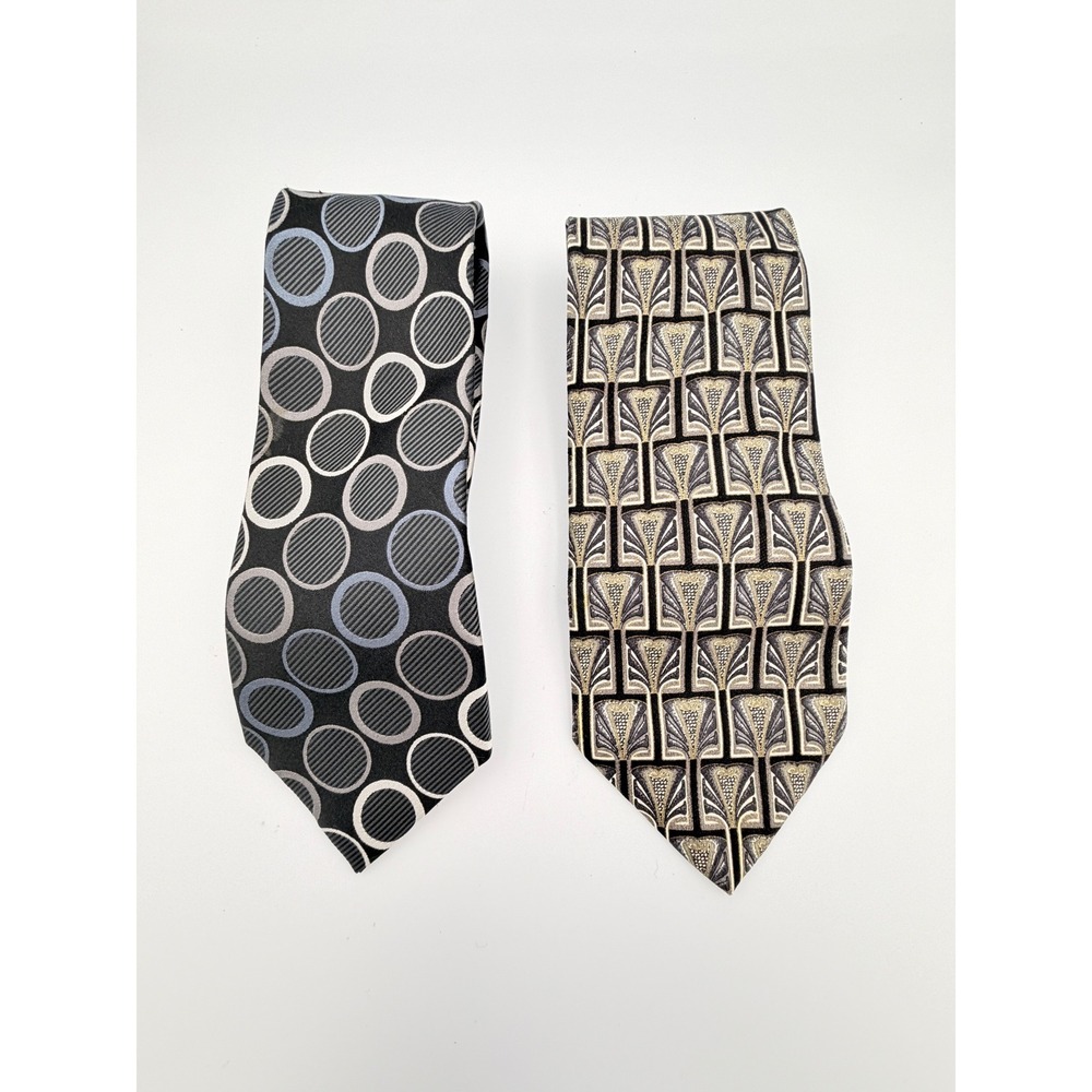 BCBG Attitude & Pavia Italy Silk Tie Bundle Geometric Art Deco Grey Gold Black